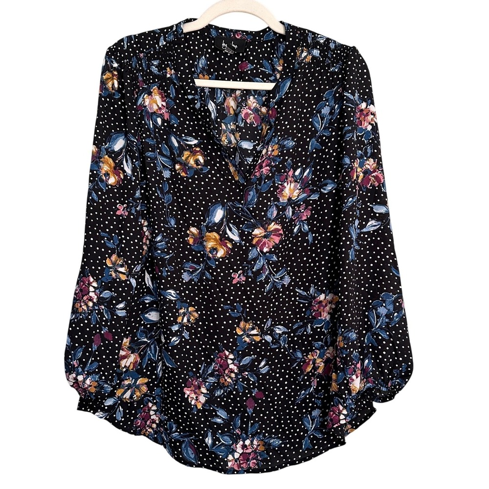 by & by Floral Polka Dot Blouse Womens Large Black Long Sleeve Split Neck Top